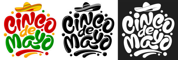 Cinco De Mayo Lettering Calligraphy Set Set of Cinco de Mayo graphic letterings. Unusual hand drawn calligraphy by brush. Decorated with traditional mexican sombrero. Colorful and monochrome variants. Vector illustration. cinco de mayo stock illustrations