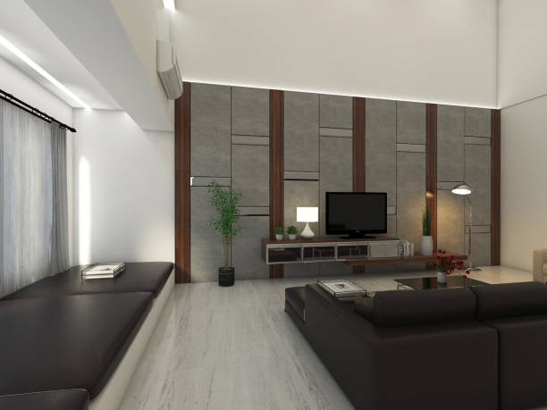 istock Luxury living room design with modern television cabinet and grand back wall panel 1314293599
