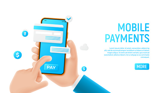 Mobile payments concept template. Mockup with cartoon hand, smartphone and icons. Template of smart phone in cartoon hand isolated on white background. Vector illustration mobile device concept.