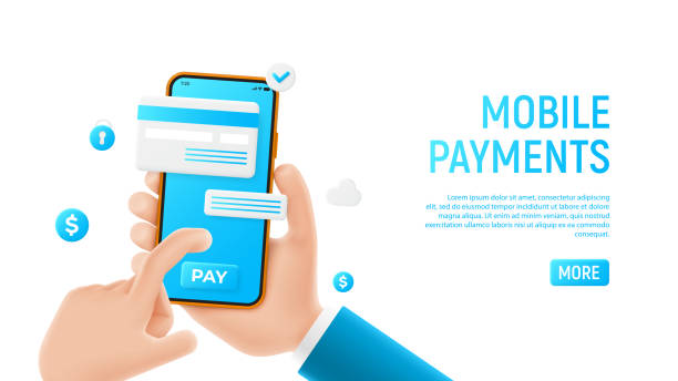 Mobile payments concept template Mobile payments concept template. Mockup with cartoon hand, smartphone and icons. Template of smart phone in cartoon hand isolated on white background. Vector illustration mobile device concept. paid stock illustrations