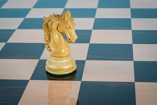 Detailed image of a chess piece, a white knight, on the squares of chess board.