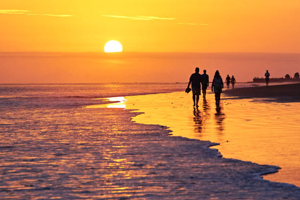 istock Sunset on the beach with people walking 1314296924