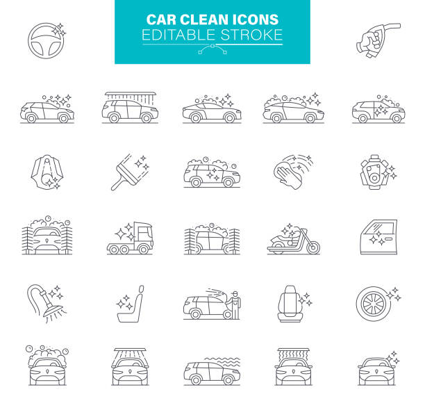 illustrazioni stock, clip art, cartoni animati e icone di tendenza di icone pulite auto tratto modificabile - car wash car cleaning washing