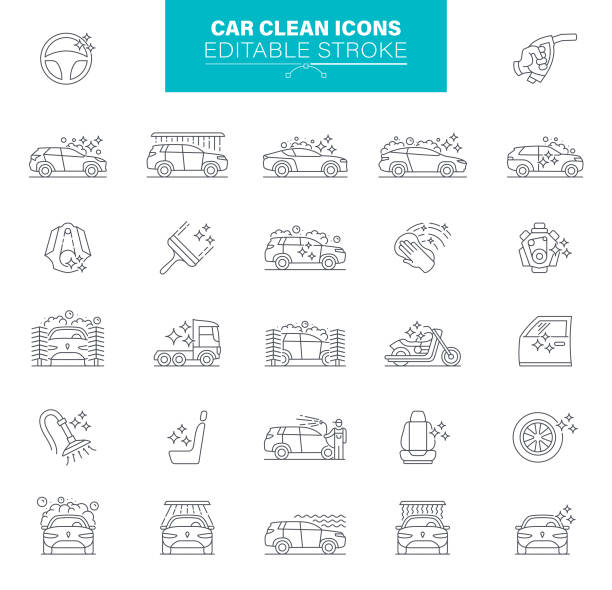 ilustrações, clipart, desenhos animados e ícones de ícones de limpeza do carro traçado editável - car wash car cleaning washing