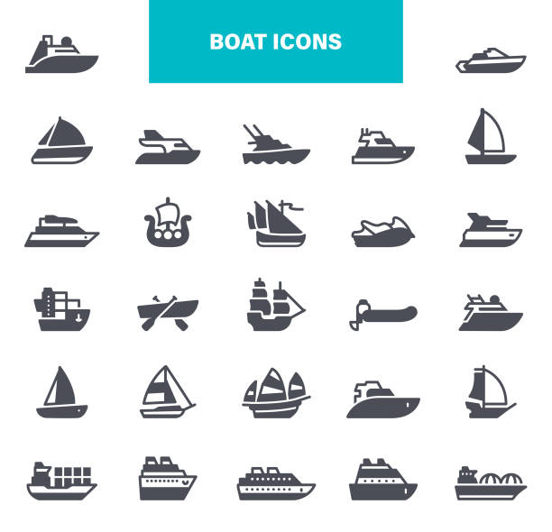 illustrazioni stock, clip art, cartoni animati e icone di tendenza di icone della nave e della barca. contiene icone come contiene icone come yacht, crociera, spedizione cargo, traghetto, goletta, scooter d'acqua - traghetto