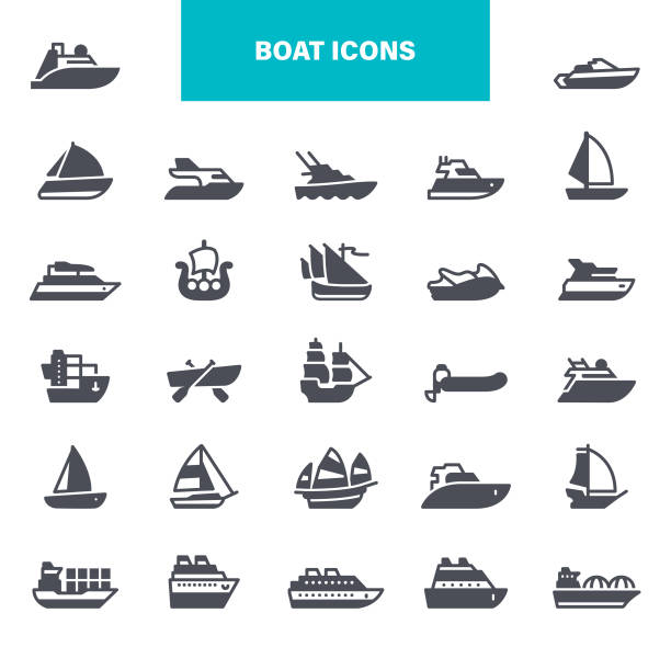 Ship and Boat Icons. Contains such icons as Contains such icons as yacht, cruise, cargo shipping, ferry, schooner, water scooter Transportation, ships, boats, yacht, black icon set ferry stock illustrations