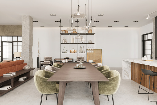 Modern open plan apartment dining room interior, living room and kitchen. Dining table, chairs, concrete floor, white ceiling, shelves, kitchen countertop with bar stools and glass door in the background. Copy space template. Render.