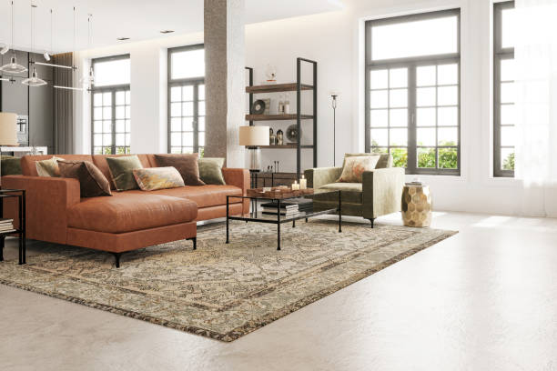 Modern apartment living room interior Modern apartment living room interior. Carpet, leather sofa, velvet armchair, coffee table, pendant lamp, white windows and big window in the background. Copy space template. Render. living room stock pictures, royalty-free photos & images