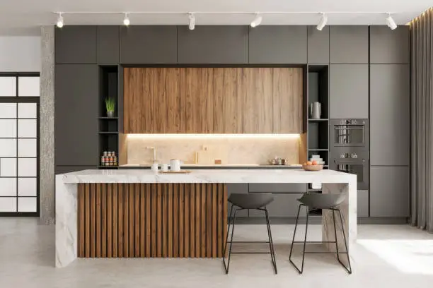 Modern apartment kitchen interior. Large marble kitchen countertop, bar stools, concrete floor and glass door in the background. Copy space template. Render.
