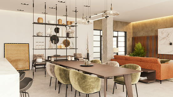 Modern apartment dining room interior. Dining table, velvet chairs, pendant lamps, shelves, sofa, bar stools, concrete floor, white walls and glass door in the background. Copy space template. Render.