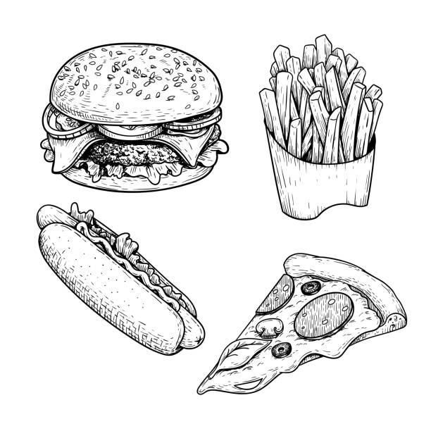 Fast food sketch set. Hamburger, french fries, hot dog and pepperoni pizza slice. Hand drawn illustrations for restaurant menu in vintage style. Isolated on white background. Fast food sketch set. Hamburger, french fries, hot dog and pepperoni pizza slice. Hand drawn illustrations for restaurant menu in vintage style. Isolated on white background. french fries stock illustrations