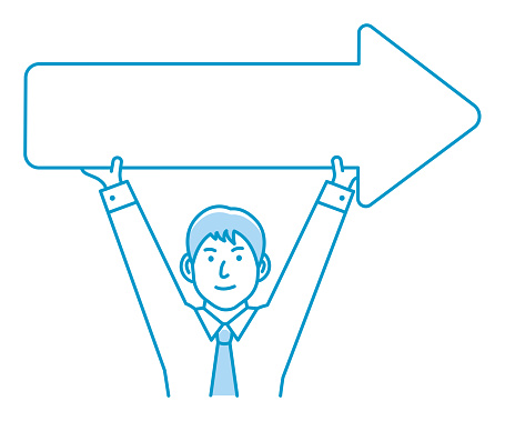 Young businessman holding arrow sign vector illustration.