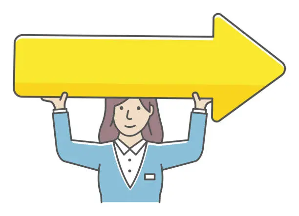 Vector illustration of Young businesswoman holding arrow sign vector illustration.