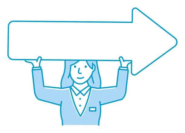 Vector illustration of Young businesswoman holding arrow sign vector illustration.