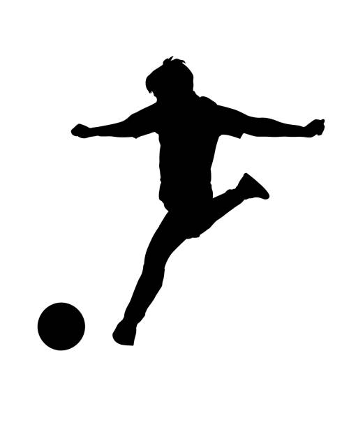 ilustraciones, imágenes clip art, dibujos animados e iconos de stock de niño jugador de fútbol patea la pelota - soccer child silhouette sport