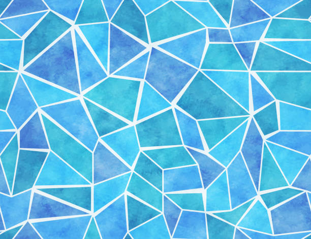 Blue mosaic seamless pattern, watercolor texture Blue mosaic seamless pattern with watercolor texture. Decorative abstract geometric print. Vector artistic wallpaper with broken glass or ice, polygonal sea or ocean water surface ice pattern stock illustrations