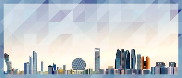 ilustrações, clipart, desenhos animados e ícones de abu dhabi skyline vetor pôster colorido em belo fundo de textura triangular - roof of the world