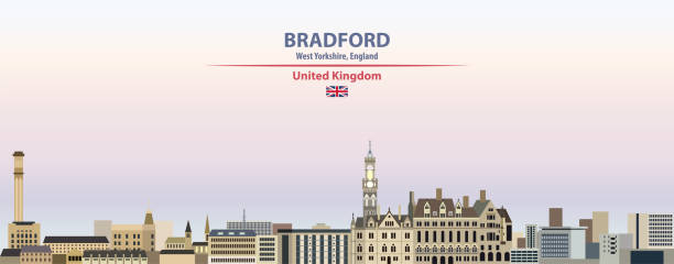 bradford stadtbild auf sonnenuntergang himmel hintergrund vektor-illustration mit land und stadtnamen und mit flagge von großbritannien - bradford england stock-grafiken, -clipart, -cartoons und -symbole