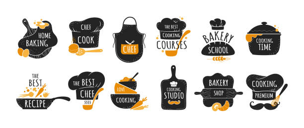 Cook logo. Restaurant kitchen chef emblems, bakery and cookery badges set. Black stickers with lettering and cooker hat or utensil. Food preparing course signs. Vector label templates Cook logo. Restaurant kitchen chef emblems, bakery and cookery badges set. Isolated black stickers mockup with lettering and cooker hat or utensil. Food preparing course signs. Vector label templates bakery silhouettes stock illustrations