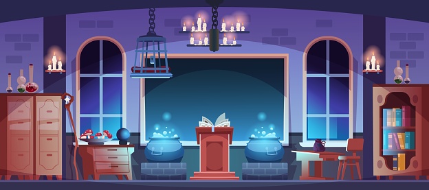 Magic school. Magician classroom interior with potion, spell book or broom. Cartoon witchcraft laboratory. Room furnishing with bookcases and candle lighting. Vector sorcerer workspace illustration