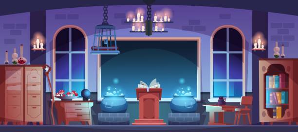 Magic school. Magician classroom interior with potion, spell book or broom. Witchcraft laboratory. Room furnishing with bookcases and candles. Vector sorcerer workspace illustration Magic school. Magician classroom interior with potion, spell book or broom. Cartoon witchcraft laboratory. Room furnishing with bookcases and candle lighting. Vector sorcerer workspace illustration merlin the wizard stock illustrations