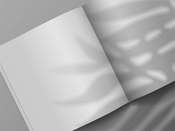 istock Open book. Realistic brochure mockup with plant shadow overlay effect. 3D notebook and leaves shade. Top view of empty paper sheets. Vector magazine or textbook pages with copy space 1314309983