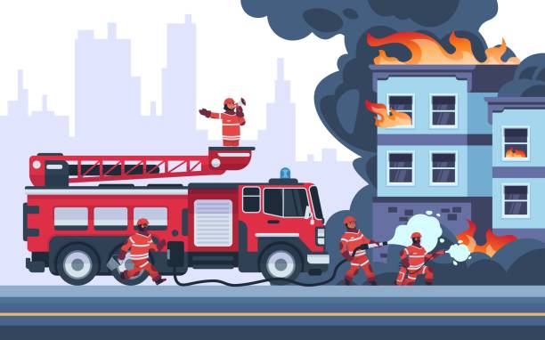 火の建物。消防士は燃えている家を消す。救急隊員は炎を消した。プロの制服を着た消防士。階段と水のためのホースを備えた車両。ベクターレスキューサービス - extinguishing点のイラスト素材／クリップアート素材／マンガ素材／アイコン素材