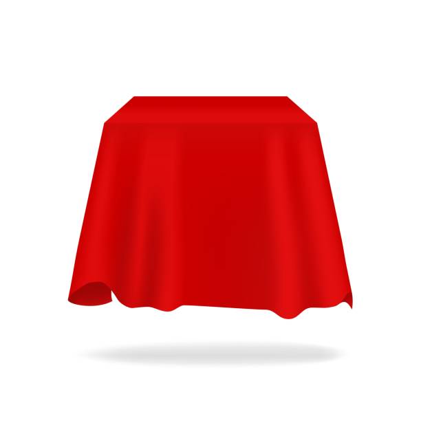 istock Red silk cover. Realistic secret box hidden under fabric. 3D bright flowing tablecloth mockup with folds. Exhibition drapery. Smooth satin material. Vector blank presentation drape 1314310024