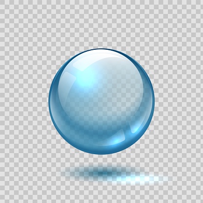 Clear glass bubble. Realistic blue sphere. 3D ball on transparent background. Isolated glossy crystal object with shadow and light reflection. Circle shape lens template. Vector round water rain drop