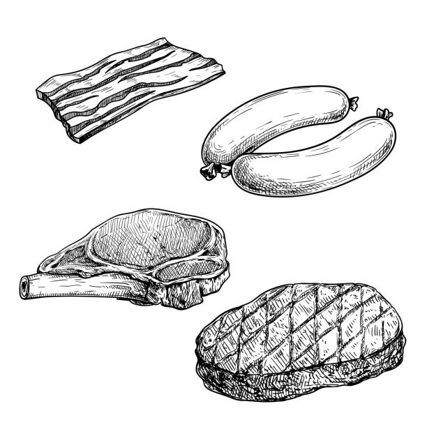 Meat sketch set. Bacon slice, sausages, pork steak with rib and grilled beefsteak. Butchery hand drawn illustrations for menu and market designs. Isolated on white background. Meat sketch set. Bacon slice, sausages, pork steak with rib and grilled beefsteak. Butchery hand drawn illustrations for menu and market designs. Isolated on white background. butchers shop illustrations stock illustrations
