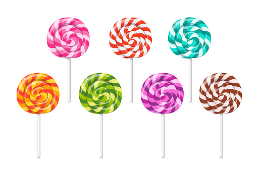 Lollipop, round swirly candy on stick. Mint, chocolate, strawberry, orange and fruit taste lollypops. Christmas lolipop with red spirals. Vector cartoon set of hard sugar caramel with striped swirls