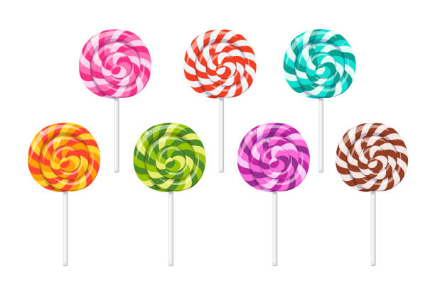 Lollipop, round swirly candy on stick Lollipop, round swirly candy on stick. Mint, chocolate, strawberry, orange and fruit taste lollypops. Christmas lolipop with red spirals. Vector cartoon set of hard sugar caramel with striped swirls lollipop stock illustrations