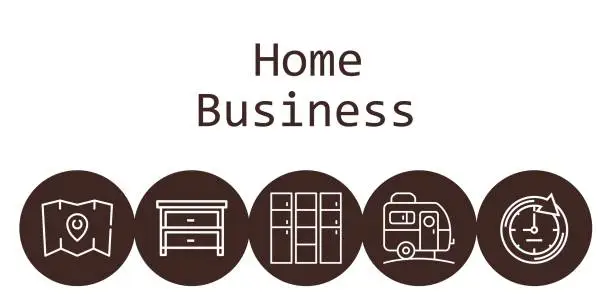 Vector illustration of home business background concept with home business icons. Icons related caravan, drawer, clock, map, locker