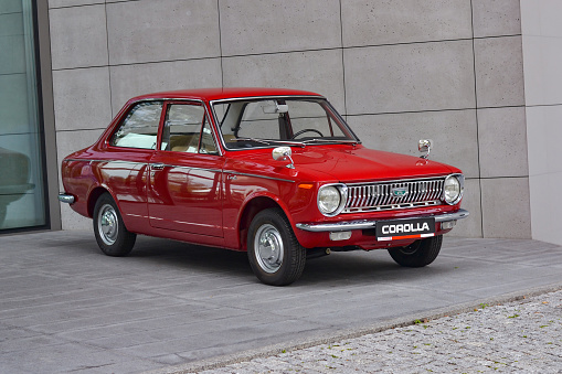 Olsztyn, Poland - 2nd August, 2016: Classic Toyota Corolla I parked on a public parking. The first generation of Corolla was debut in 1966. The Corolla models are the most popular vehicles in the world.