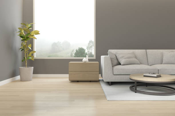 istock 3d rendering of modern living room with large window and sofa on nature background. 1314313165