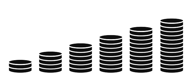 Coin stacks growing graph icon, business investment and saving money concept - stock vector