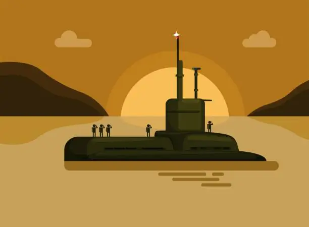 Vector illustration of Submarine with navy soldier sea island sunset. military warship cartoon illustration vector