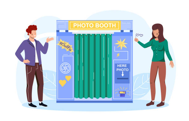 Couple decide to make joint photo in photobooth Young couple are deciding to make joint photo in photobooth during entertainment fair. Flat abstract metaphor outline cartoon vector illustration concept design. Isolated on white background photo booth stock illustrations