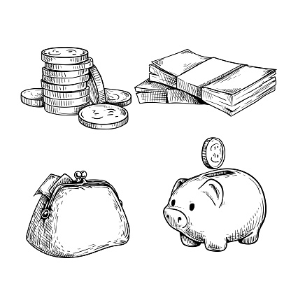 Money and finance sketch set. Stack of coins, wad of cash, vintage wallet and piggy bank with coin. Hand drawn vector illustrations isolated on white.