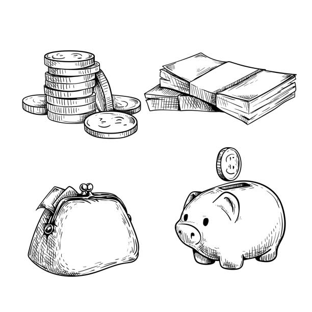 Money and finance sketch set. Stack of coins, wad of cash, vintage wallet and piggy bank with coin. Hand drawn vector illustrations isolated on white. Money and finance sketch set. Stack of coins, wad of cash, vintage wallet and piggy bank with coin. Hand drawn vector illustrations isolated on white. banking drawings stock illustrations