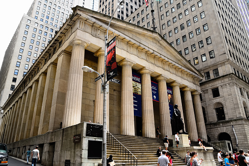 New York City, USA - June 20, 2018: Low angle view of Federal Hall National Memorial building in Financial District of NYC