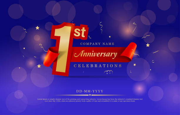 1st Anniversary celebration. Celebrating 1 years logo with confetti in Blue Background. Golden number 1 with sparkling confetti. 1st Anniversary celebration. Celebrating 1 years logo with confetti in Blue Background. Golden number 1 with sparkling confetti. anniversary card stock illustrations