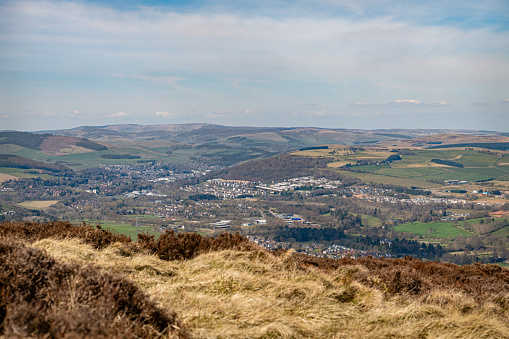 View of Tweedbank and Galashiels in the Scottish Borders from Eildon Hill North