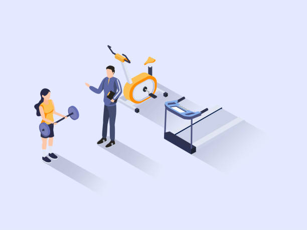 Fitness training isometric Fitness training vector 3D isometric concept: Personal trainer exercise with young woman lifting weights personal trainer stock illustrations