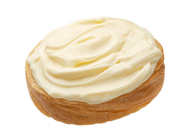 istock Slice of bread with cream cheese isolated on white background, top view 1314324762