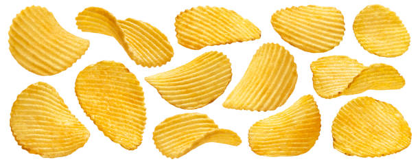 Ridged potato chips isolated on white background Ridged potato chips isolated on white background with clipping path, collection potato chip stock pictures, royalty-free photos & images