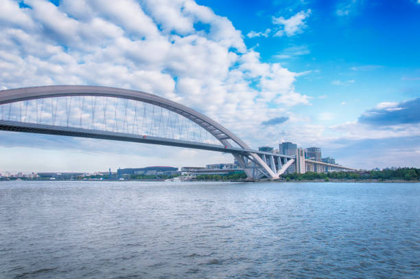 The Lupu bridge spanning the huangpu river connecting Pudong and Puxi in shanghai china on a sunny day.