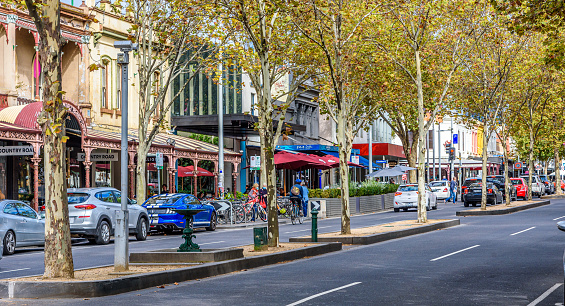 Melbourne, Victoria, Australia, April 17th, 2020: The shopping strip on Lygon Street in the suburb of Carlton featuring many Italian restaurants