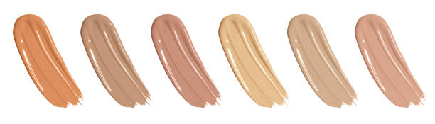 istock Liquid cosmetic foundation set, concealer smear smudge. Collection different tones bb cream swatch sample isolated on white. Banner 1314325719