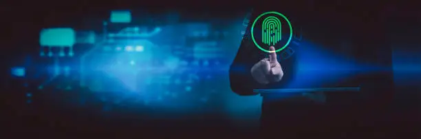 Futuristic biometric digital fingerprint scan on mobilephone security concept, Human finger scanning on smartphone display screen with electronic curnuit graphic with copy space